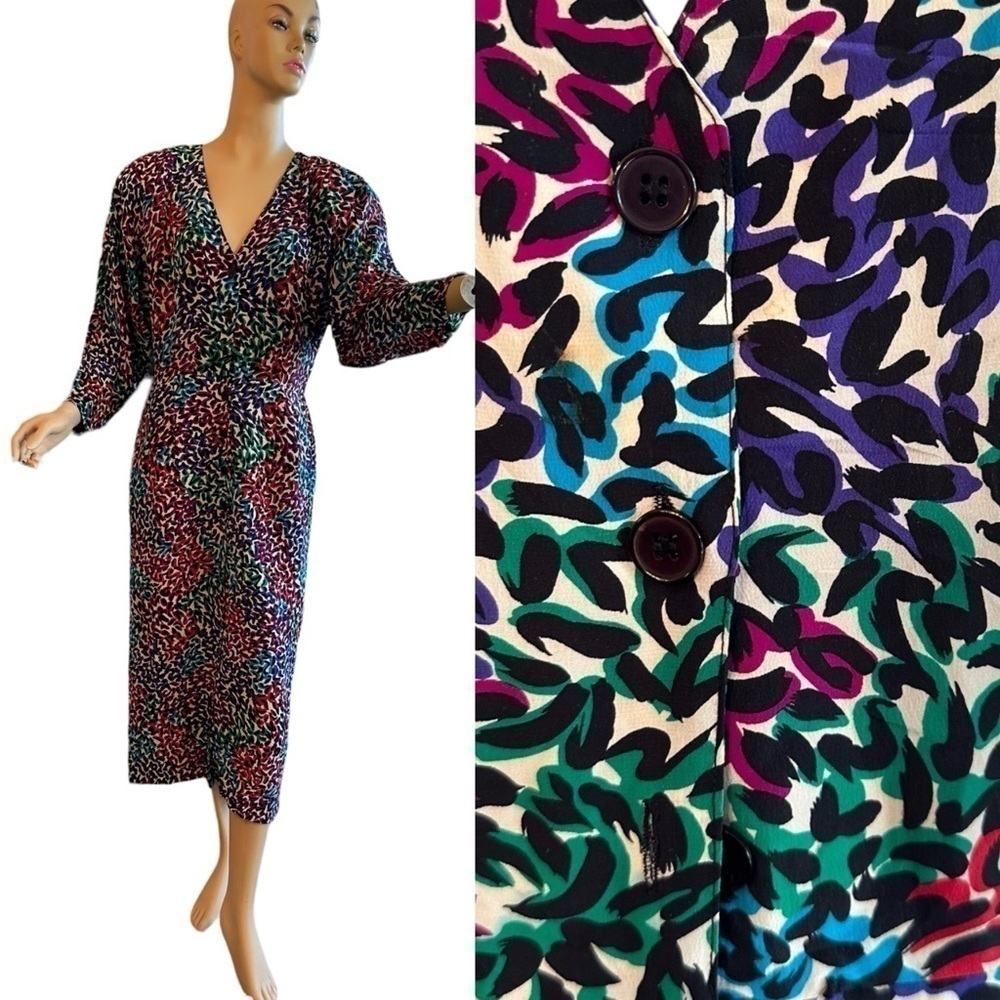 Vintage 100% Silk Long Sleeve Button Front Scribble Abstract Animal Print Dress